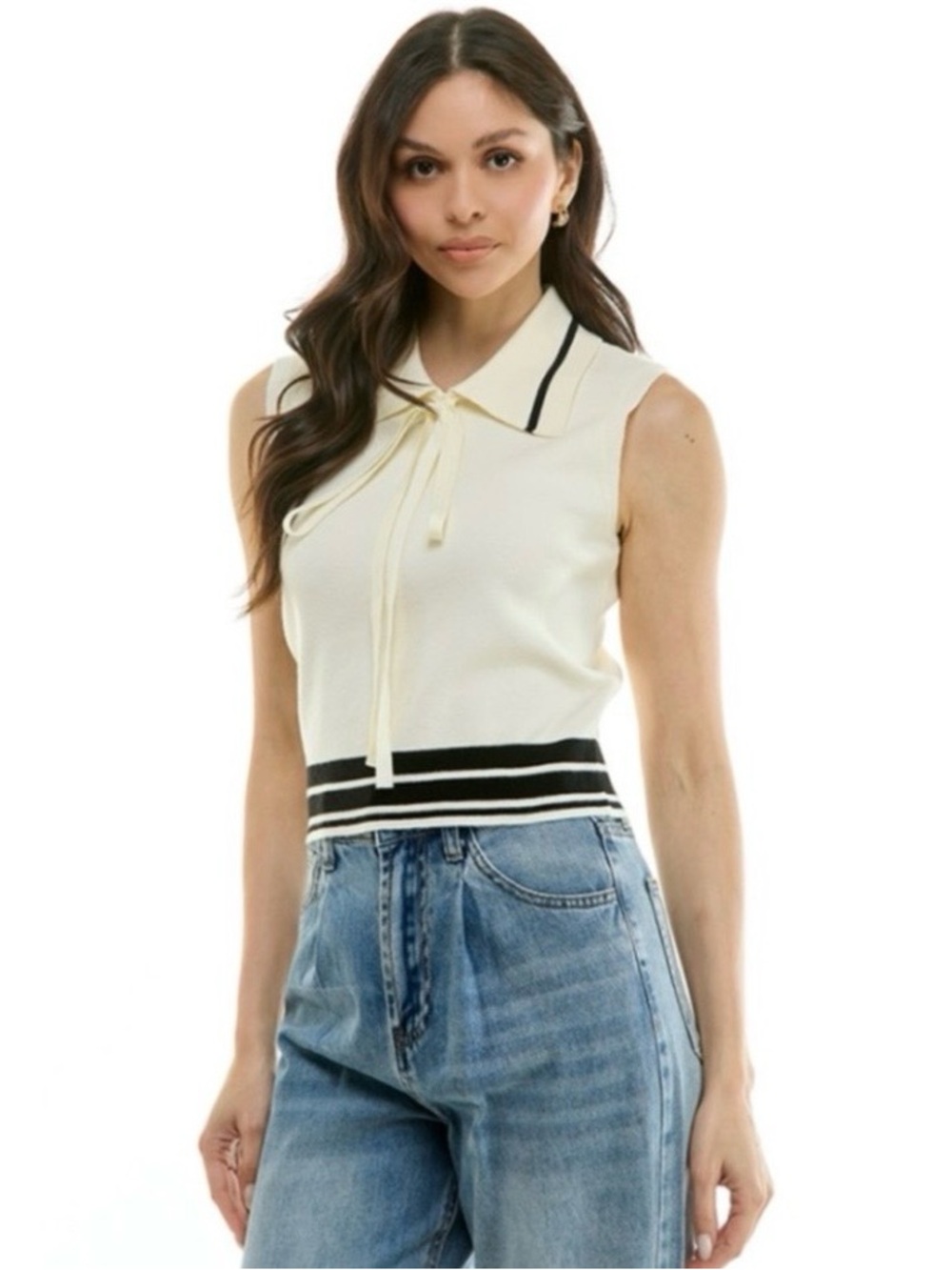 OnTwelfth Soft Knit Ivory Sleeveless Bow Neck Collared Top w/Black Stripe Size M